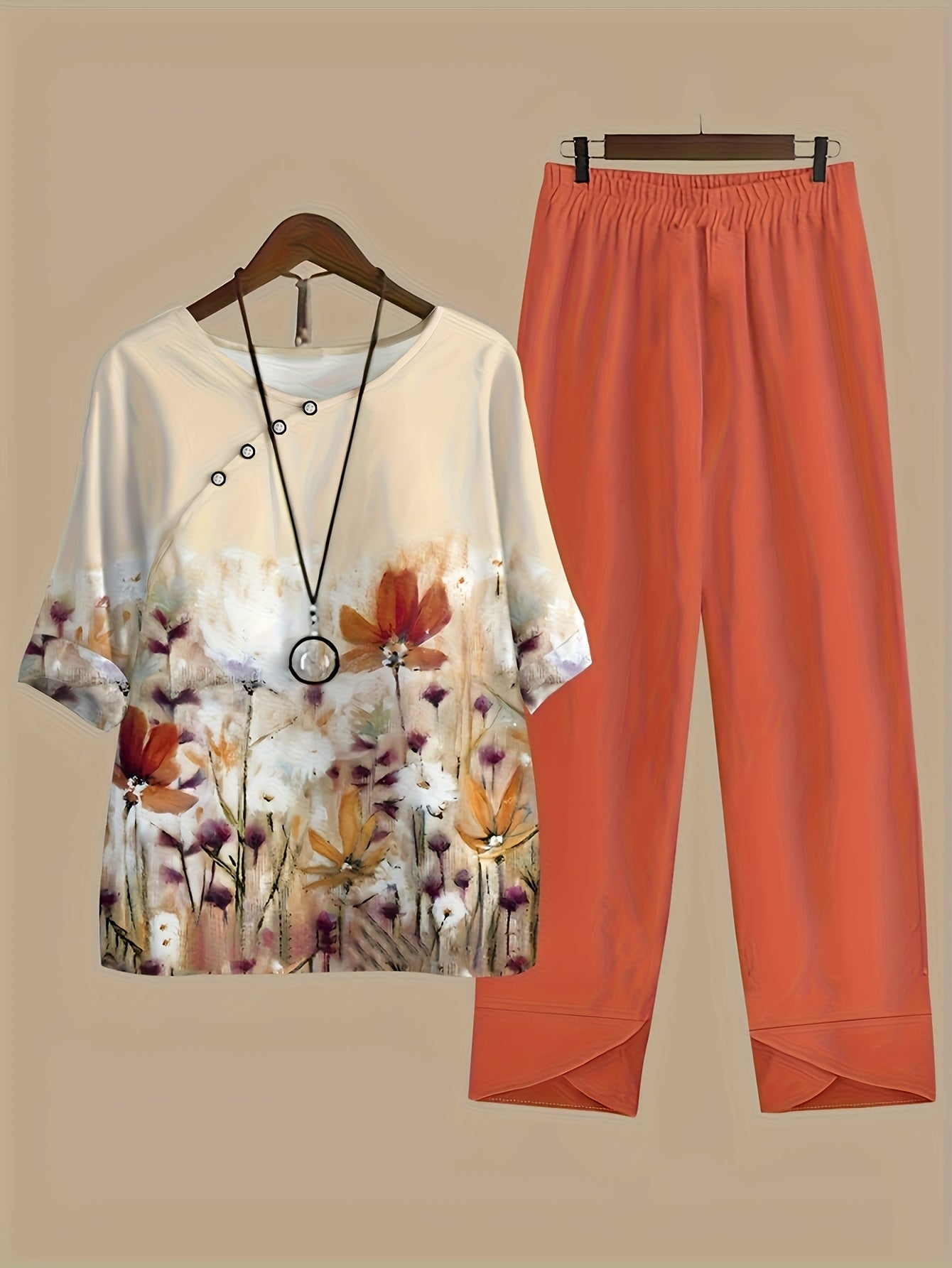 [Stylish Women's Casual Set] Stylish & Comfortable Women's Plant Digital Print Top and Pants Set | Casual, Elegant Style, Round Neck, Mid-Sleeve, Long Pants, Women's Casual Suit