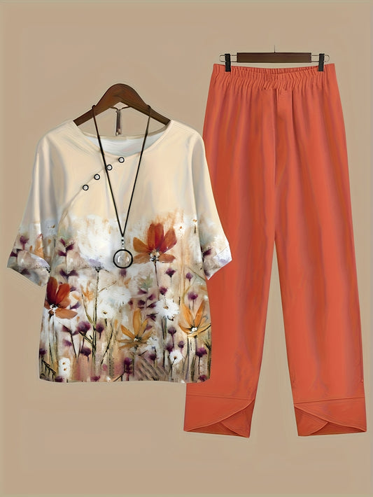 [Stylish Women's Casual Set] Stylish & Comfortable Women's Plant Digital Print Top and Pants Set | Casual, Elegant Style, Round Neck, Mid-Sleeve, Long Pants, Women's Casual Suit