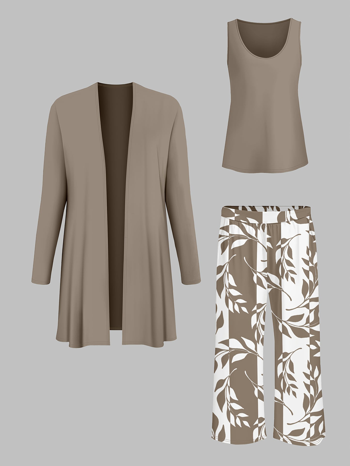 3pcs Women's Set: Solid Color Cardigan Jacket Paired with Camisole Top And Printed Casual Pants, A Must-have for Daily Wear