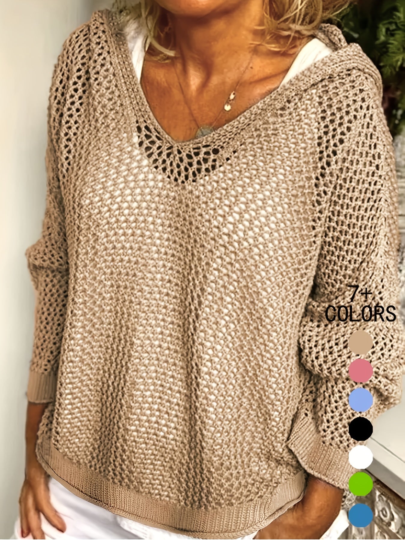 Women's Lightweight Hooded Sweater - Semi-Sheer V-Neck Openwork Design, Loose Fit Cover-Up, Casual Long Sleeve All-Season Layering Top, Summer Wardrobe Essential