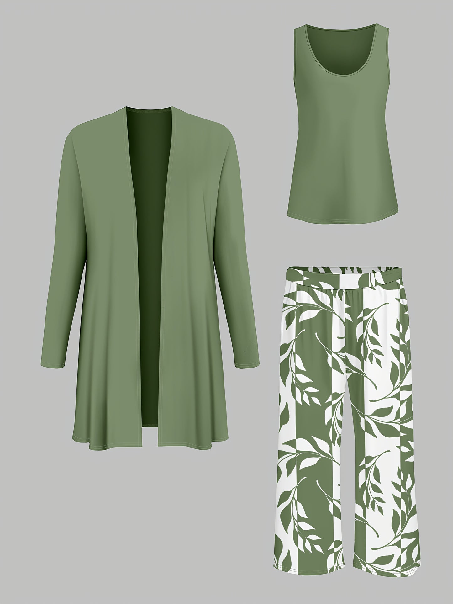 3pcs Women's Set: Solid Color Cardigan Jacket Paired with Camisole Top And Printed Casual Pants, A Must-have for Daily Wear