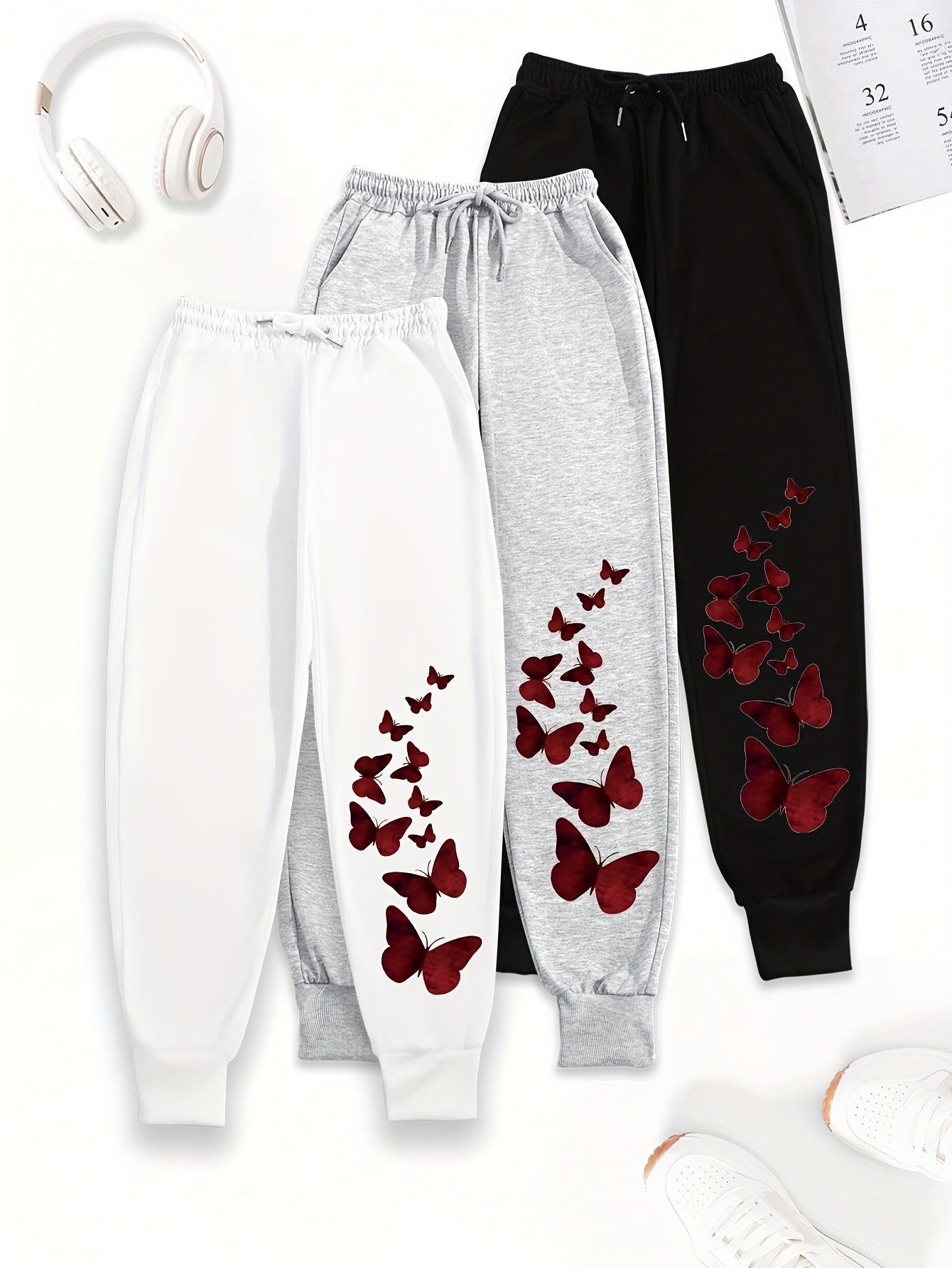 3pcs Women'S Casual Joggers with Butterfly Print - Elastic Waist, Loose Fit, Drawstring, Pockets, All-Season Comfort, Beige, Gray, Black, Jogging Pants