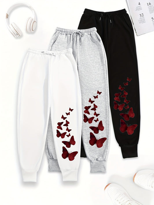 3pcs Women'S Casual Joggers with Butterfly Print - Elastic Waist, Loose Fit, Drawstring, Pockets, All-Season Comfort, Beige, Gray, Black, Jogging Pants