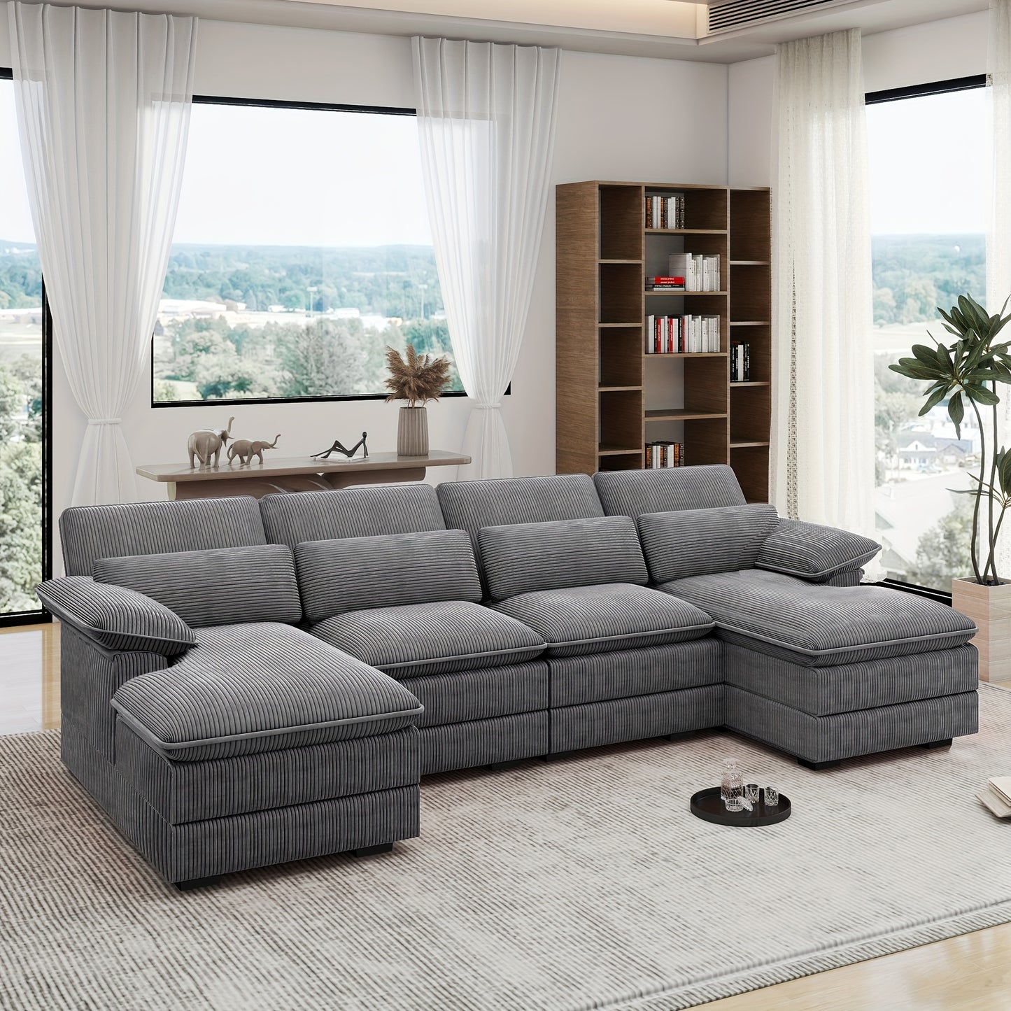 [Comfort Cloud Sofa] Comfort 4 Seater U-Shape Combo Sofa, 111.8'' Modern Deep Seat Cloud Sofa with Lumbar Cushion | Corduroy Living Room Sofa for Apartments, Apartment Homes