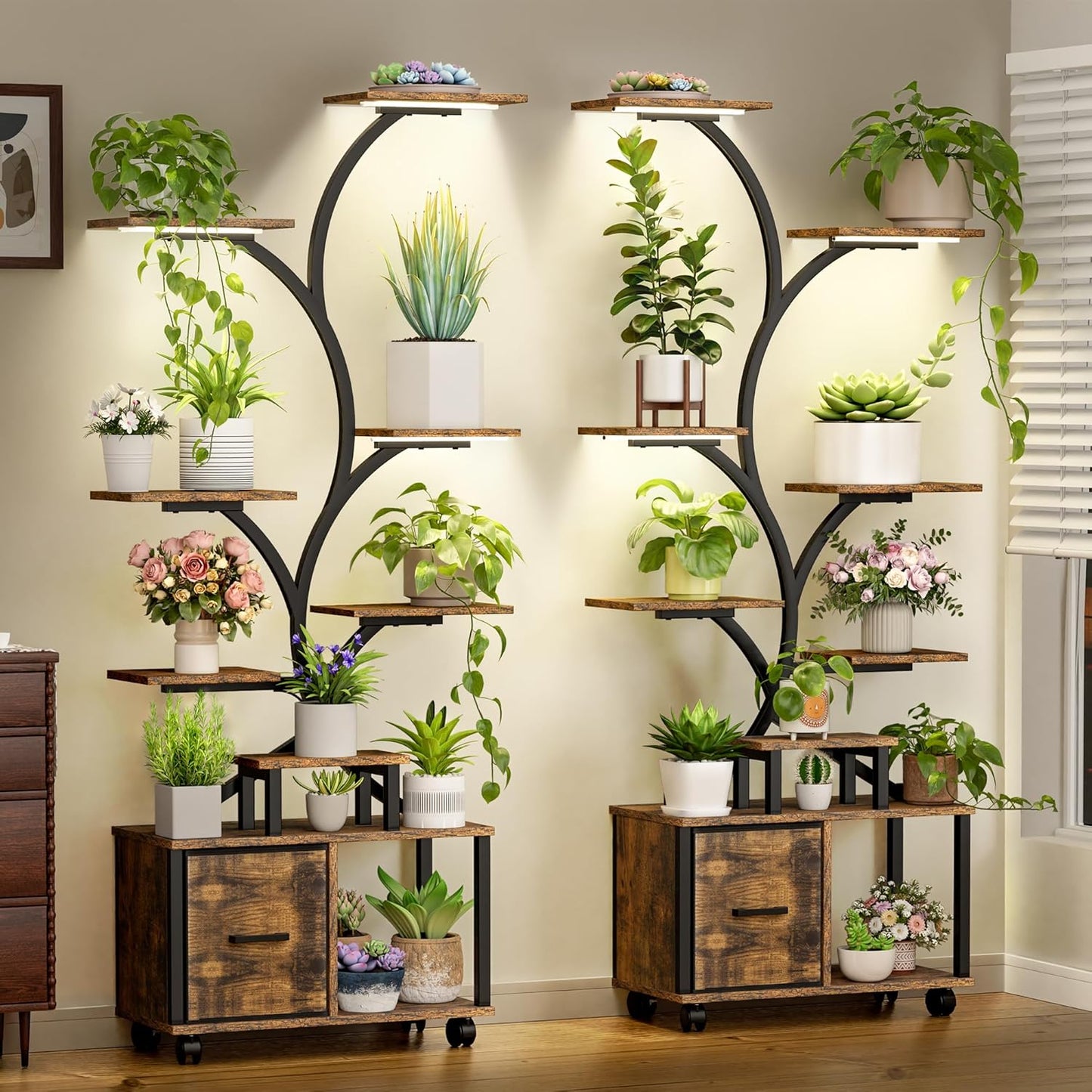 65" Tall 9-Tier Modern Plant Stand with Grow Light & Locking Casters - Heavy-Duty Steel Indoor Plant Shelf with Drawer, Brown/Golden Contemporary Design, Space-Saving Vertical Garden for Living Room, Balcony, Patio - Ideal fo