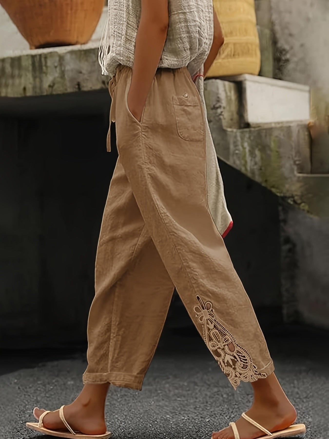 Women'S Casual Fashion Trousers - With Pockets, Waist Drawstring Design, Lace Stitching Design On The Trouser Legs, Suitable For Daily Commuting, Casual Outings, Vacation Travel, Spring, Summer And Autumn Trousers
