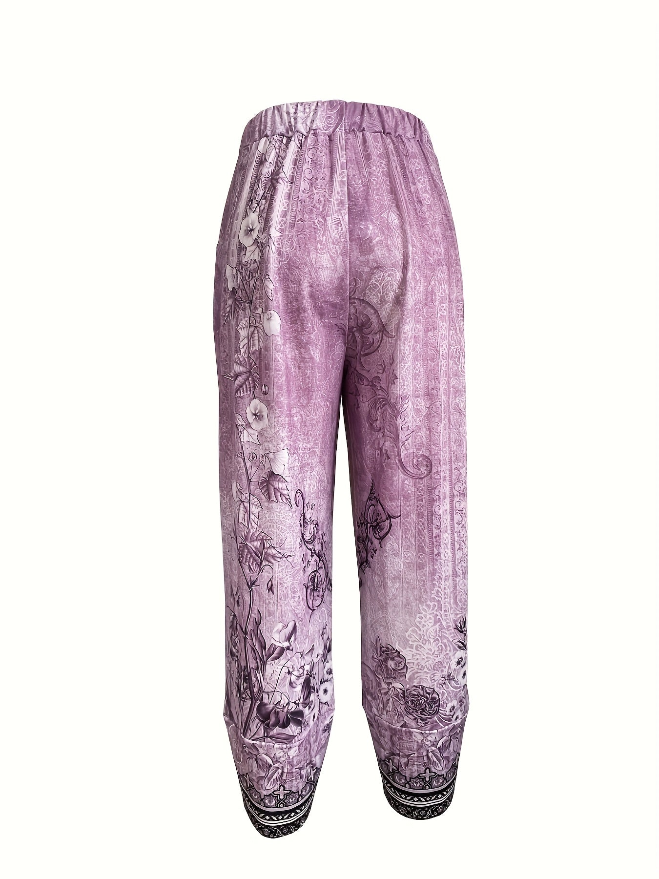 Women's Floral Print Cropped Pants - Elegant Loose-Fit with Pockets, Purple & Black Floral Pattern, Mid-Stretch Fabric for Spring/Summer/Fall, Floral Print Pants, Casual Casual Attire, Comfortable Fit