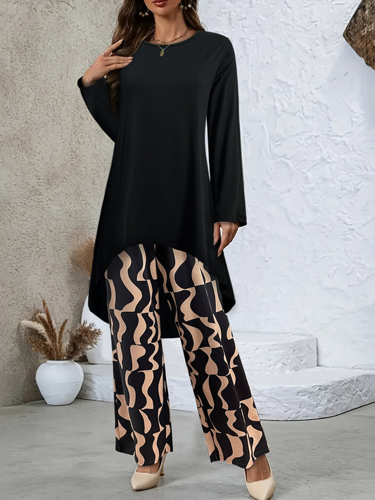 Women's Fall Winter 2pcs Set - Long Sleeve Top & Pants, Casual Elegant, Stylish, Solid Color Top & Geometric Print Pants, for Formal Occasions & Casual Outings