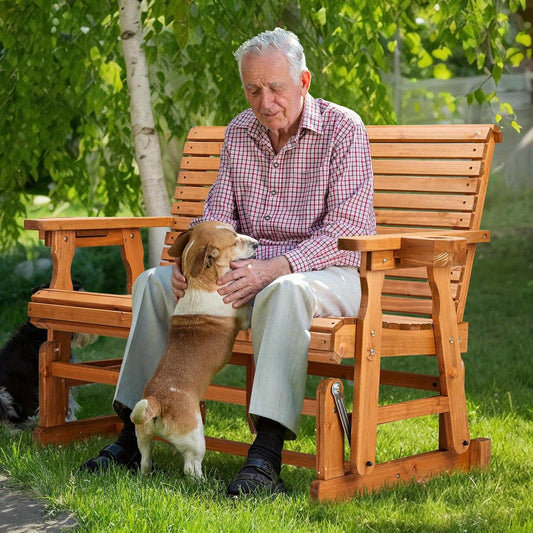 [Wood Patio Glider Bench] Heavy Duty 800 LBS Outdoor Glider Bench Wood Patio Glider with Cup Holders, Porch Glider Chair Outdoor Bench Glider Loveseat with Smooth Rocking Mechanism