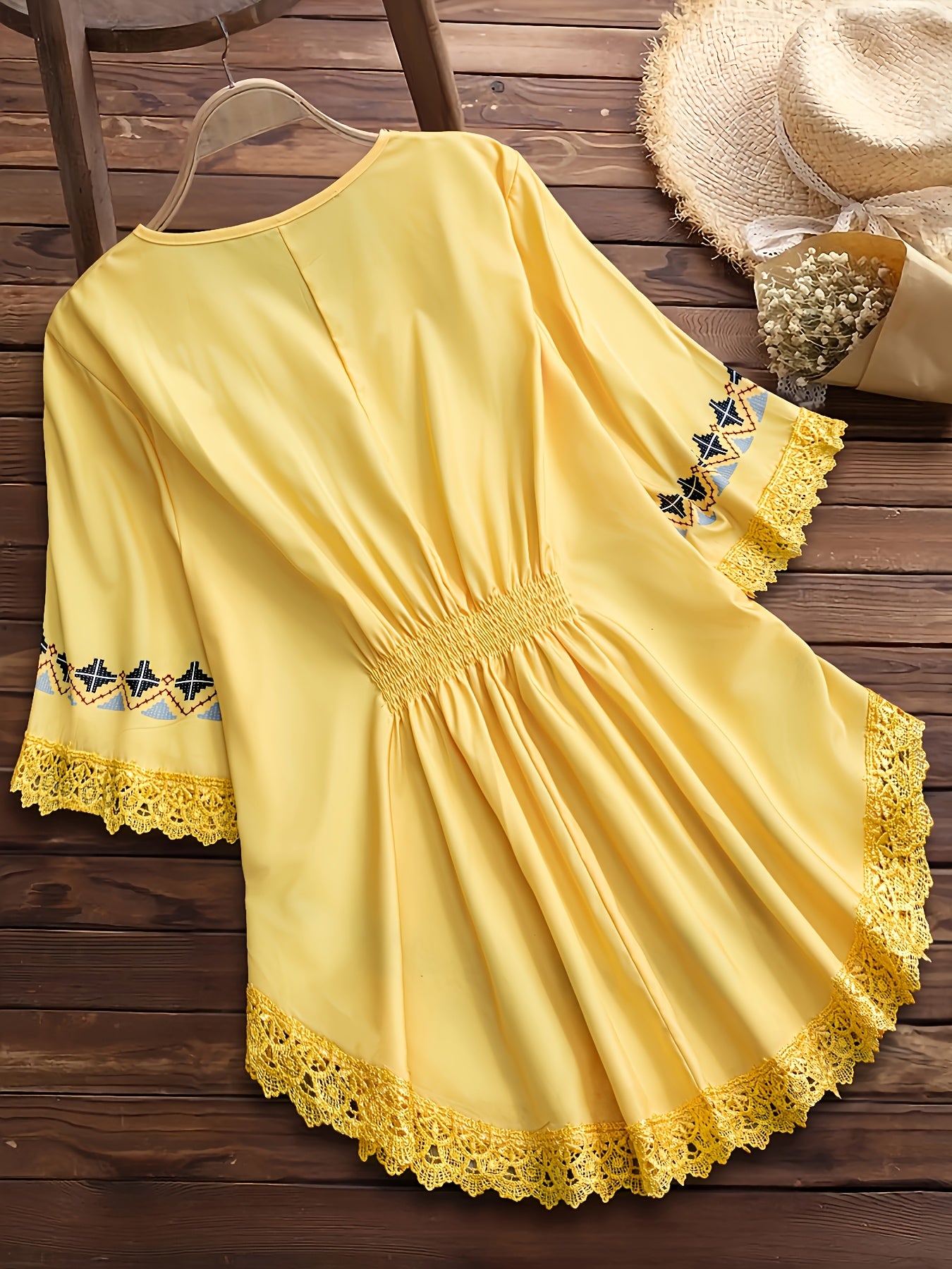 [Bohemian Blouse] Elegant Bohemian Women's V-Neck Blouse with Geometric Lace Trim | Golden Yellow & Black Contrast, Short Sleeves, Flowy Design for Spring/Summer/Fall