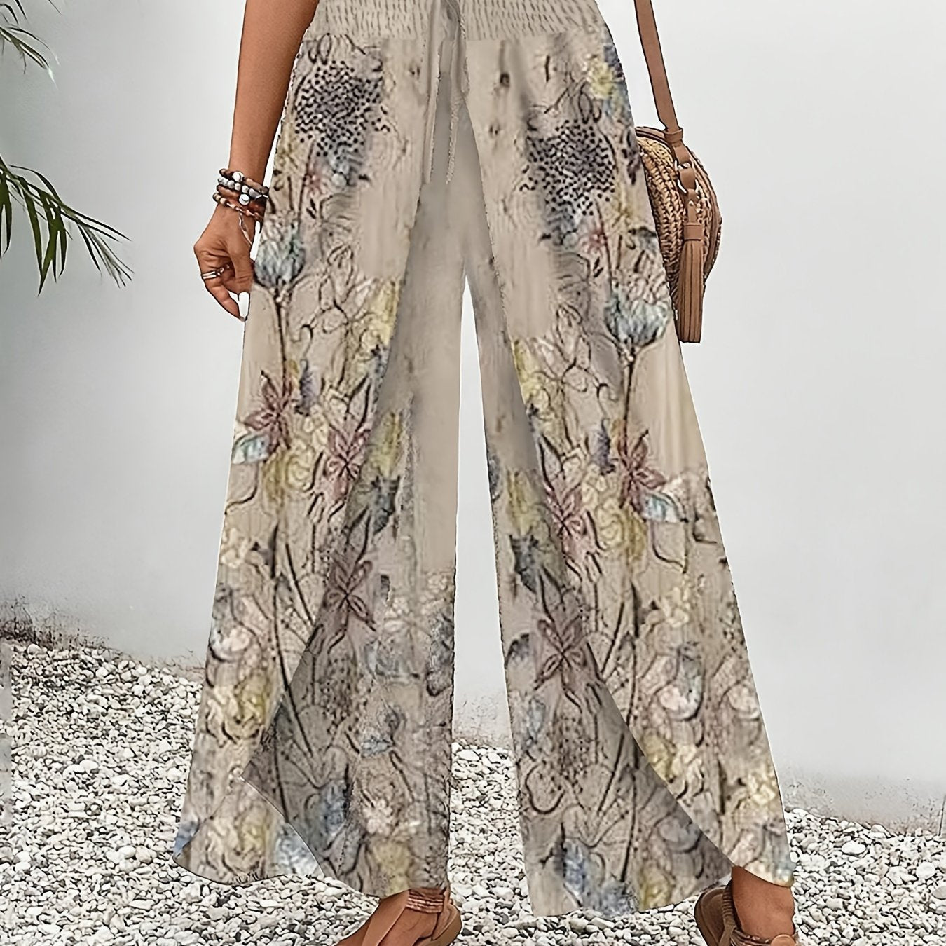 Women's Floral Print Wide-Leg Pants - Elegant Loose Trousers for Casual & Holiday Wear, Beige with Green & Brown Floral Design, High-Waisted Mid-Length Pants, Machine Washable