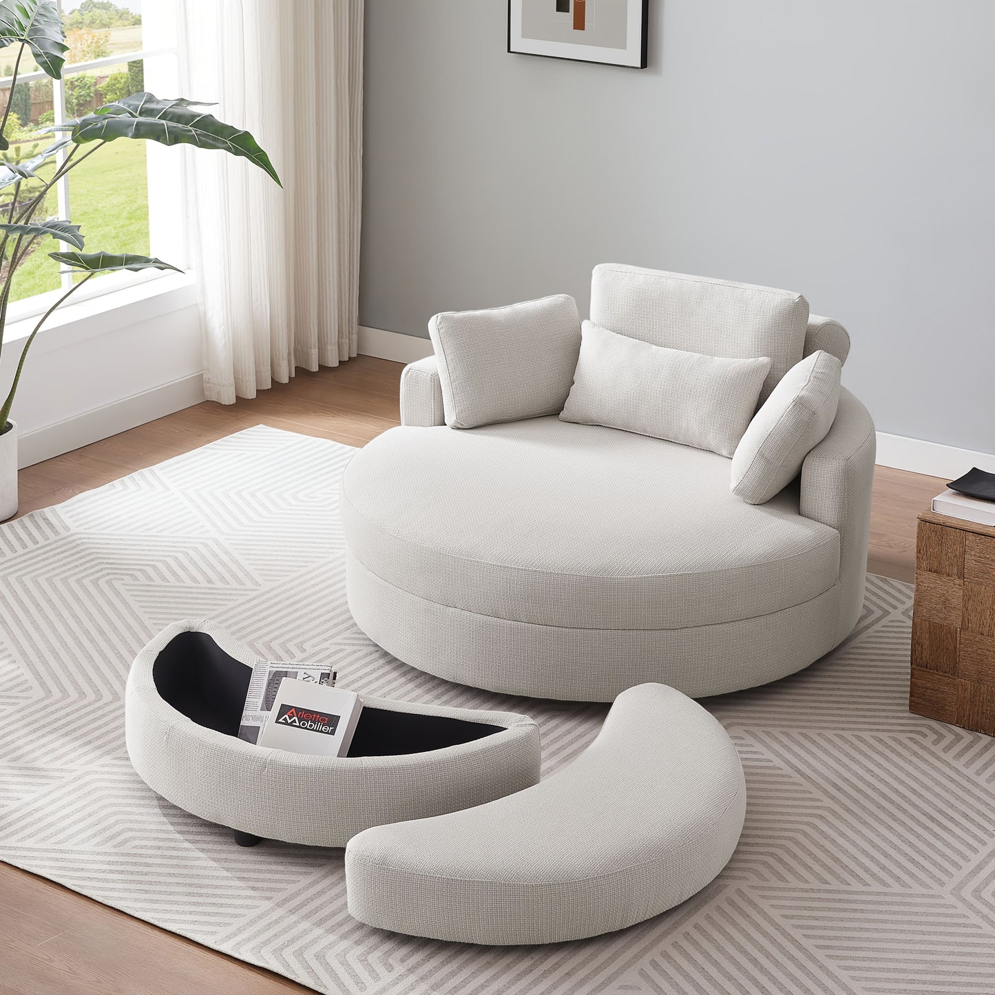 51.2" Ottoman-Shaped Cushion Chair with Storage, Linen Fabric, Includes Adjustable Headrest and Four Pillows, Large Size for Living Room/Bedroom/Office/Hotel Sofa
