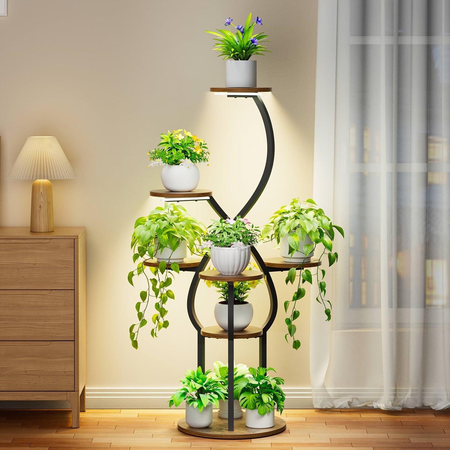 Indoor Plant Stand with Grow Light, 5-Tier 48-Inch Tall Metal Indoor Plant Shelf for Various Plants, Small Corner Display Rack Suitable for Living Room, Balcony, Patio, Hallway Decor, Brown