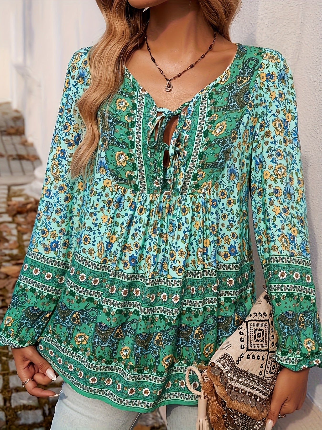 ZAFUL Boho Floral Print Blouse - Women'S Loose Fit V-Neck Long Sleeve Top - Casual Beach Shirt For Summer & Vacation Wear