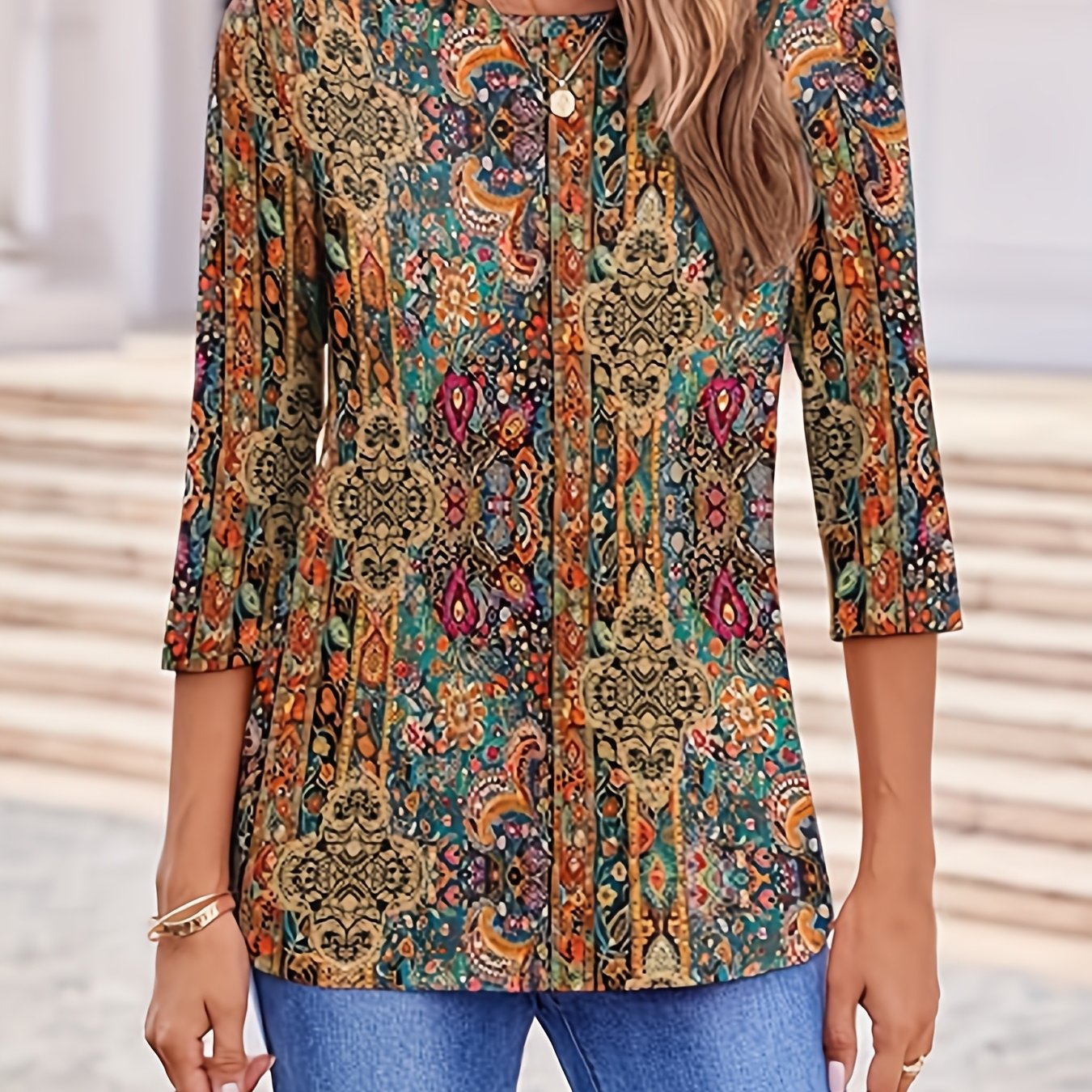 Women'S Casual Three-quarter Sleeve Top Round Neck Casual Printed T-shirt