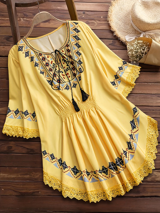 [Bohemian Blouse] Elegant Bohemian Women's V-Neck Blouse with Geometric Lace Trim | Golden Yellow & Black Contrast, Short Sleeves, Flowy Design for Spring/Summer/Fall