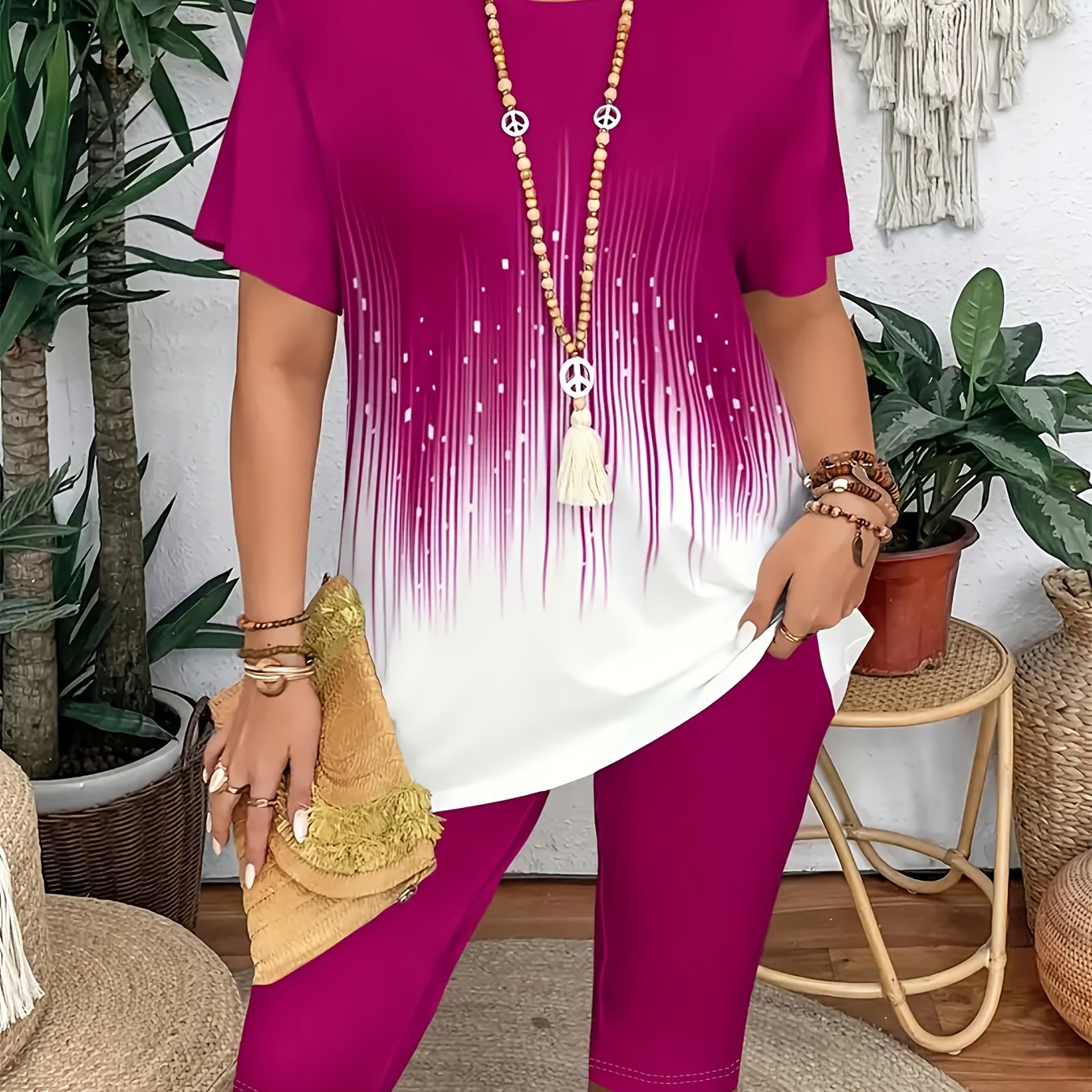 Women's Fashion Casual Breathable Short Sleeve Two-Piece Set, Colorful Striped Print, Five-Quarter Stretch Leggings, Suitable for Daily Commute, Leisure Wear, Travel Vacation, Casual Wear, Daily Outfit, Trendy Fashion, Colorf