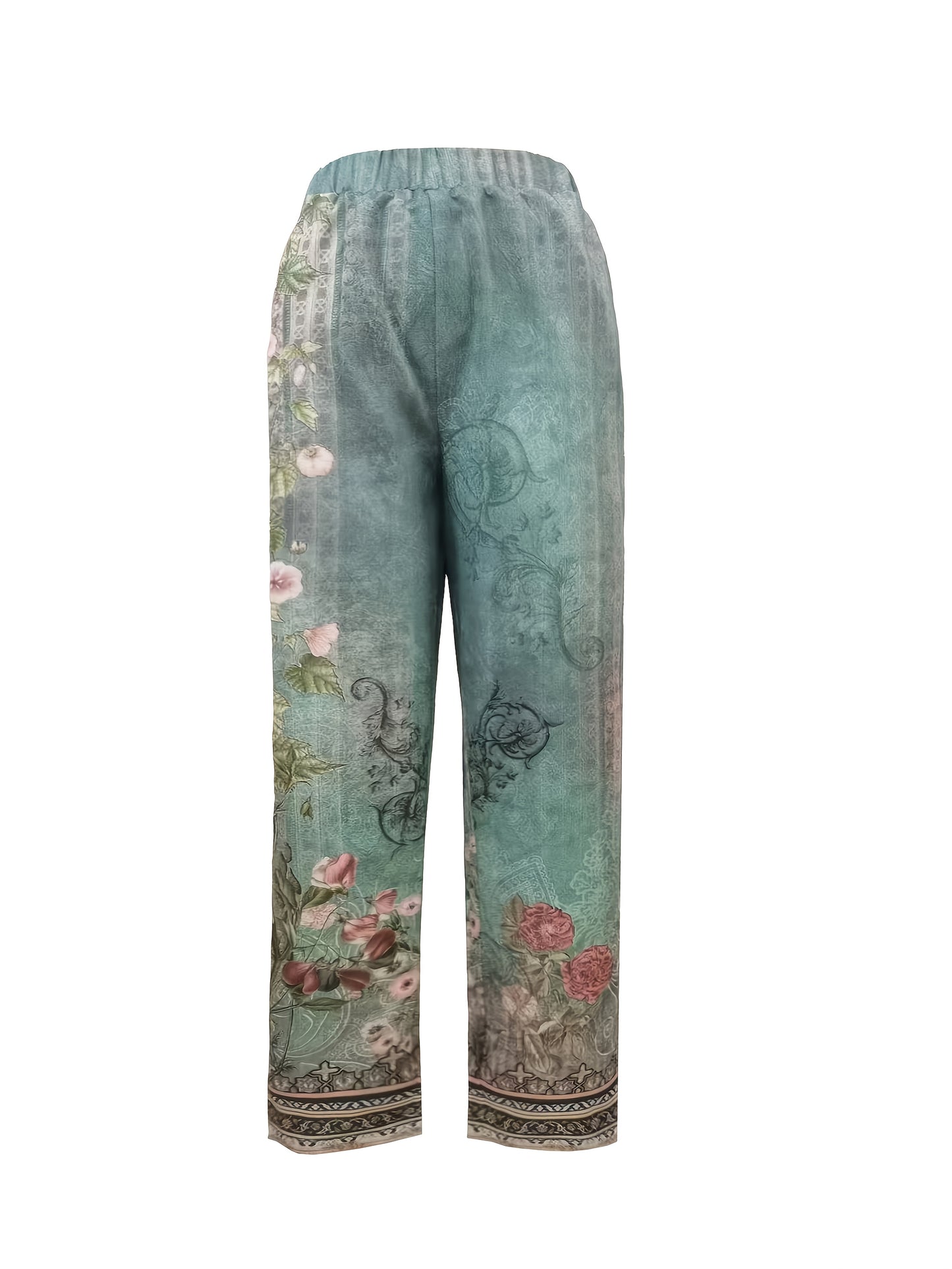 [Floral Print Vacation Trousers] Women's Floral Print Loose Trousers with Elastic Waistband - Vibrant Pink and Green Design, Comfortable Summer Casual Pants for Vacation and Everyday Wear
