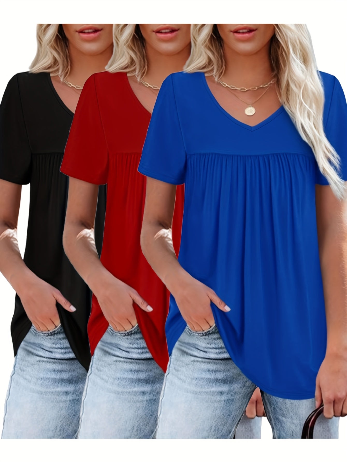 Three-Piece Women's Short Sleeve Pleated Elegant Casual V-Neck Ruffle T-Shirt Set for Spring/Summer