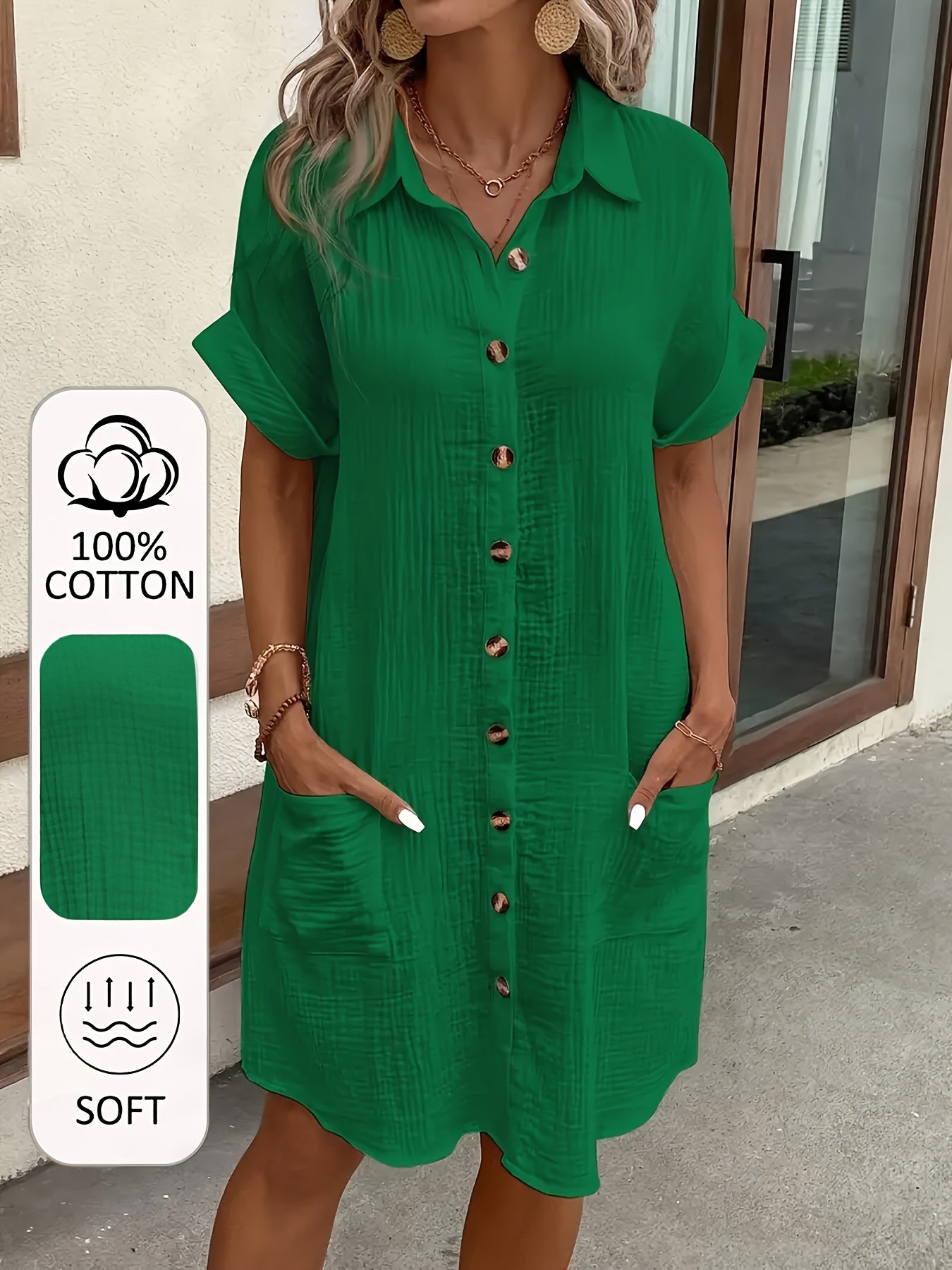 100% V-Neck Blouse Dress for Women - Light Blue Casual Shirt Dress with Button Details, Short Sleeves, and Collar, Machine Washable, All-Season Comfort, Allseason Dress | Vneck Dress | Button Detailing