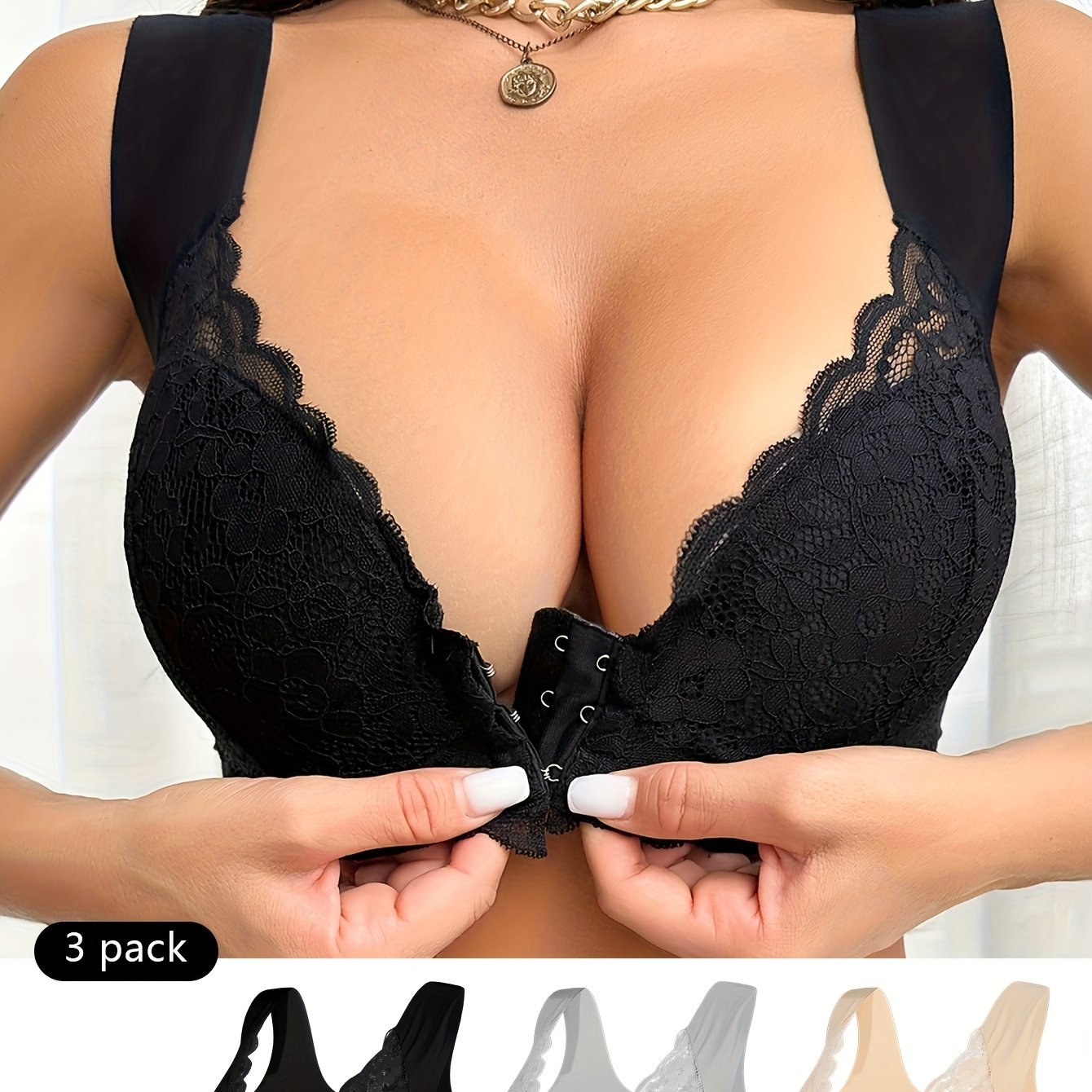 3pcs Women's Elegant Floral Lace Front Closure Push-Up Bras - Wide Strap Soft Comfortable Wire-Free Lift with Non-Detachable Padding, Solid Black/Beige/Nude Colors for Everyday & Special Occasions, Hand Washable