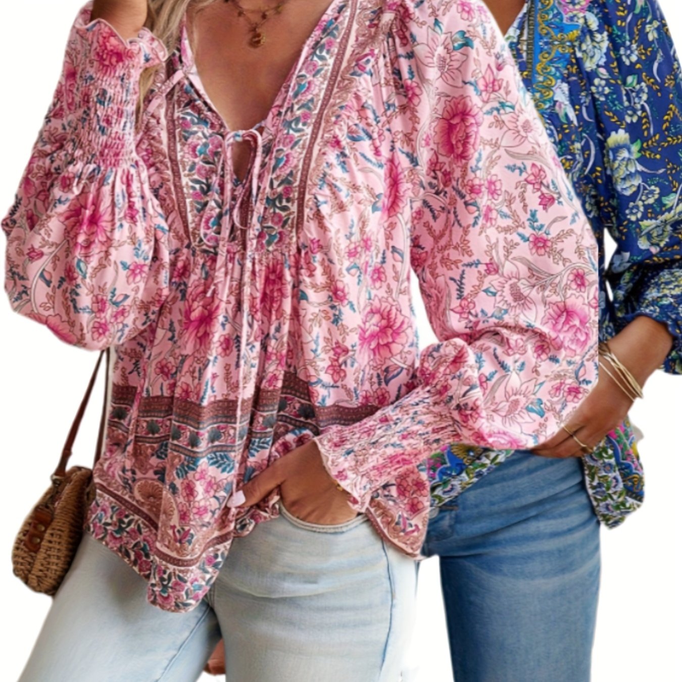 Plus Size - ZAFUL Summer Loose Plus Size Women'S Apparel, Stylish Resort Bohemian Floral Print Top Set, Lightweight Fashion V-Neck Printed Lantern Sleeve Tassel Plus Size Shirt*2