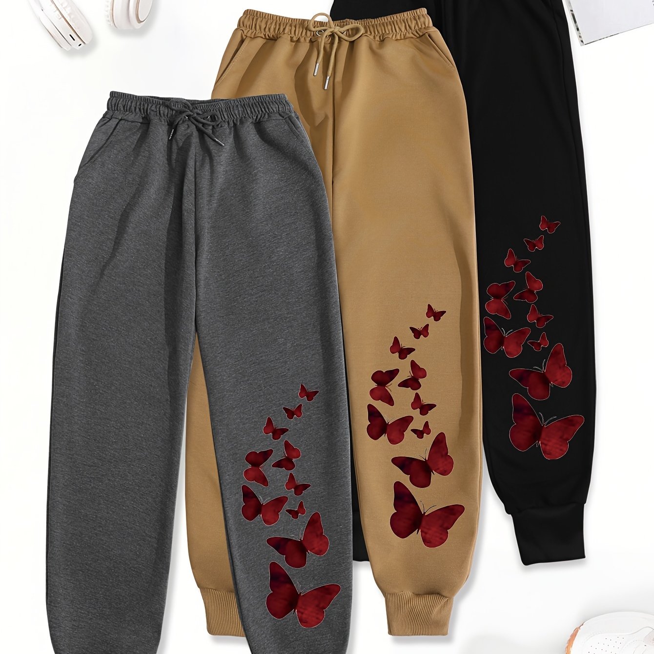 3pcs Women'S Casual Joggers with Butterfly Print - Elastic Waist, Loose Fit, Drawstring, Pockets, All-Season Comfort, Beige, Gray, Black, Jogging Pants