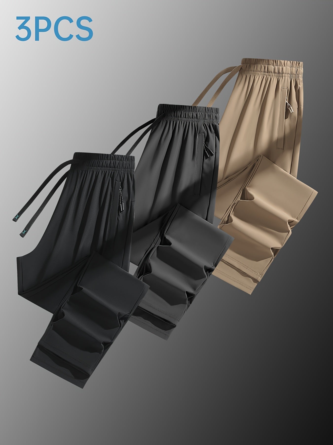 Three Pairs of Summer Women's Solid Color Long Pants with Elastic Drawstring Waist, Hidden Zipper Pockets, Nylon-Spandex Blend for Stretchy Straight-Leg Fit, Quick-Dry Fabric, Suitable for Daily Outings, Leisure, And Workouts