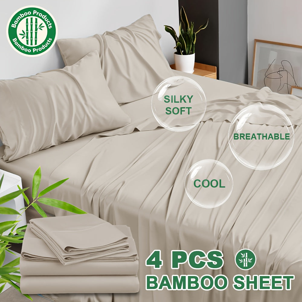 4pcs Cooling Bamboo Blend Bed Sheet Set, Deep Pocket 20" Bed Sheet, Creating A Five Star Hotel Like Luxurious Experience, Deep Pockets (Up To 20"), Wrinkle, Fade, Fitted Sheet+Flat Sheet+Pillowcase