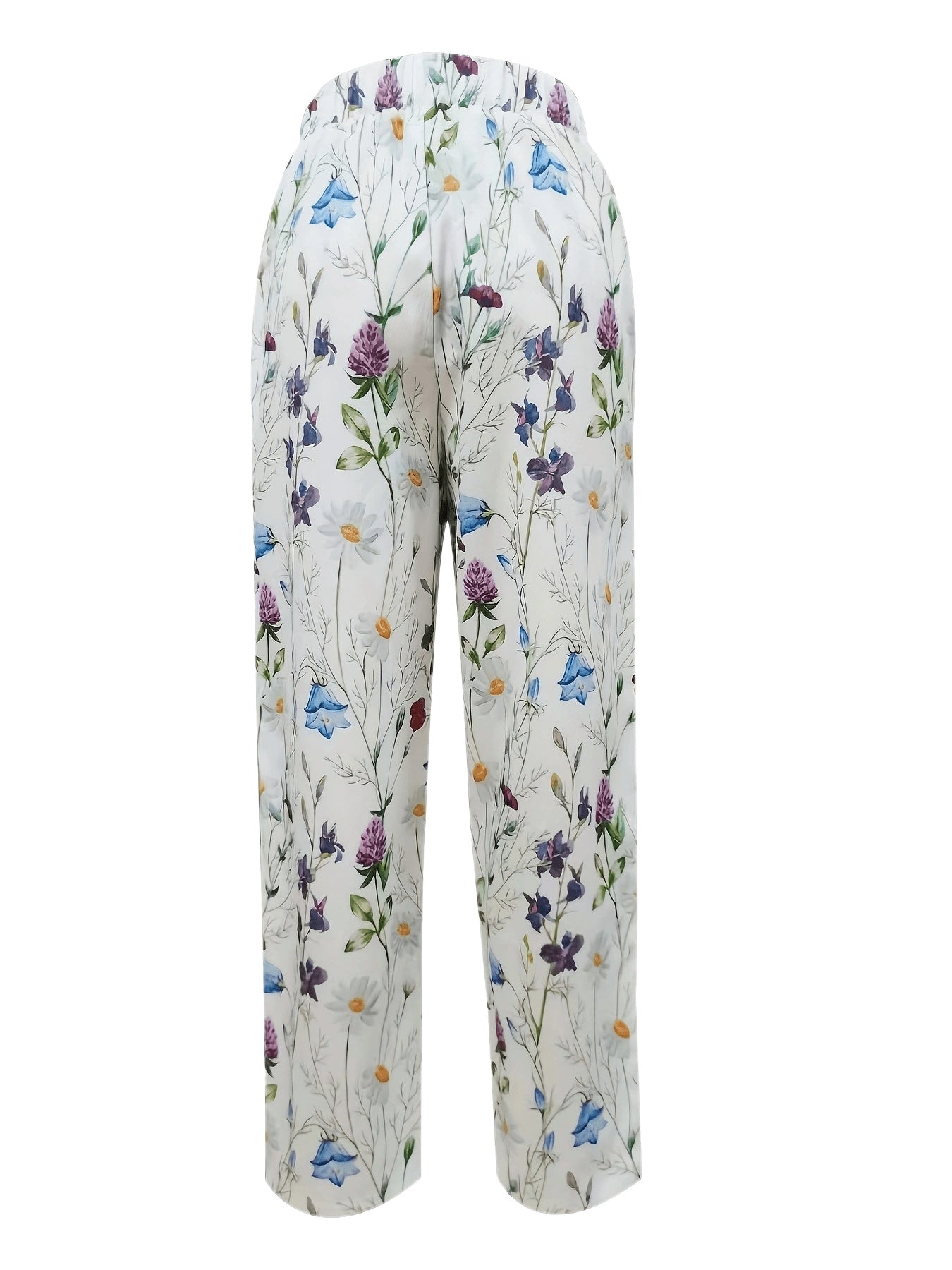 Women'S Floral Print Wide-Leg Trousers - Elastic Waist with Drawstring, Loose-Fit Trousers with Pockets, Machine Washable Polyester, All-Season Casual to Formal Trousers for Women, Vibrant Floral Print in Blue, Purple, Pink,