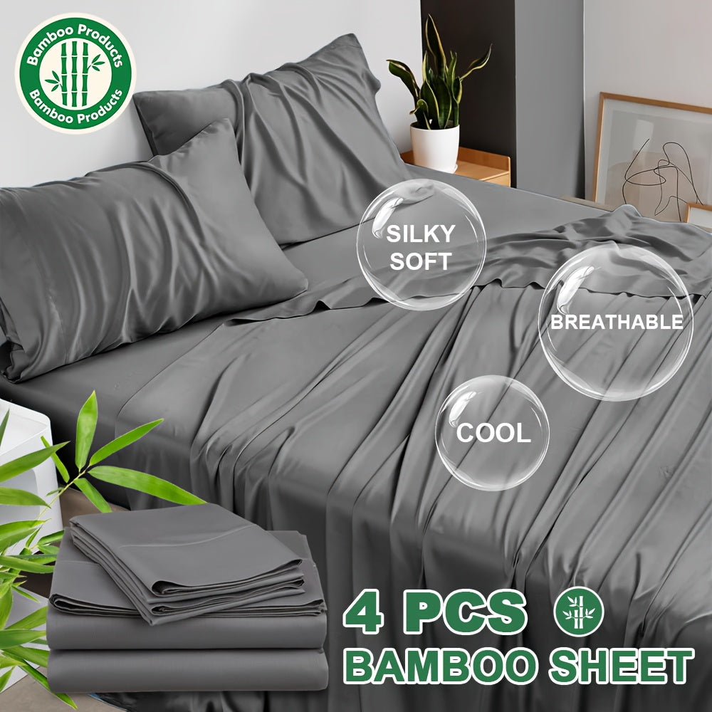 4pcs Cooling Bamboo Blend Bed Sheet Set, Deep Pocket 20" Bed Sheet, Creating A Five Star Hotel Like Luxurious Experience, Deep Pockets (Up To 20"), Wrinkle, Fade, Fitted Sheet+Flat Sheet+Pillowcase
