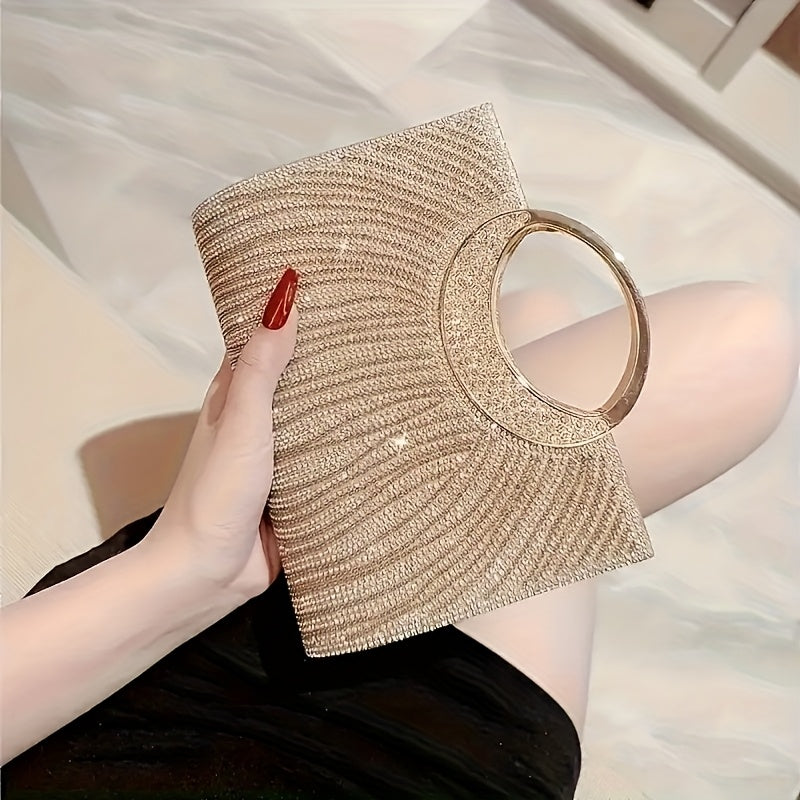 4pcs Set: Shiny Striped Ladies' Dinner Bag, Wedding Bridesmaid Bag, Evening Bag, Dress Bag, Shoulder Bag, Wedding Season Sparkling Necklace, Earrings, Bracelet Set - New Fashionable