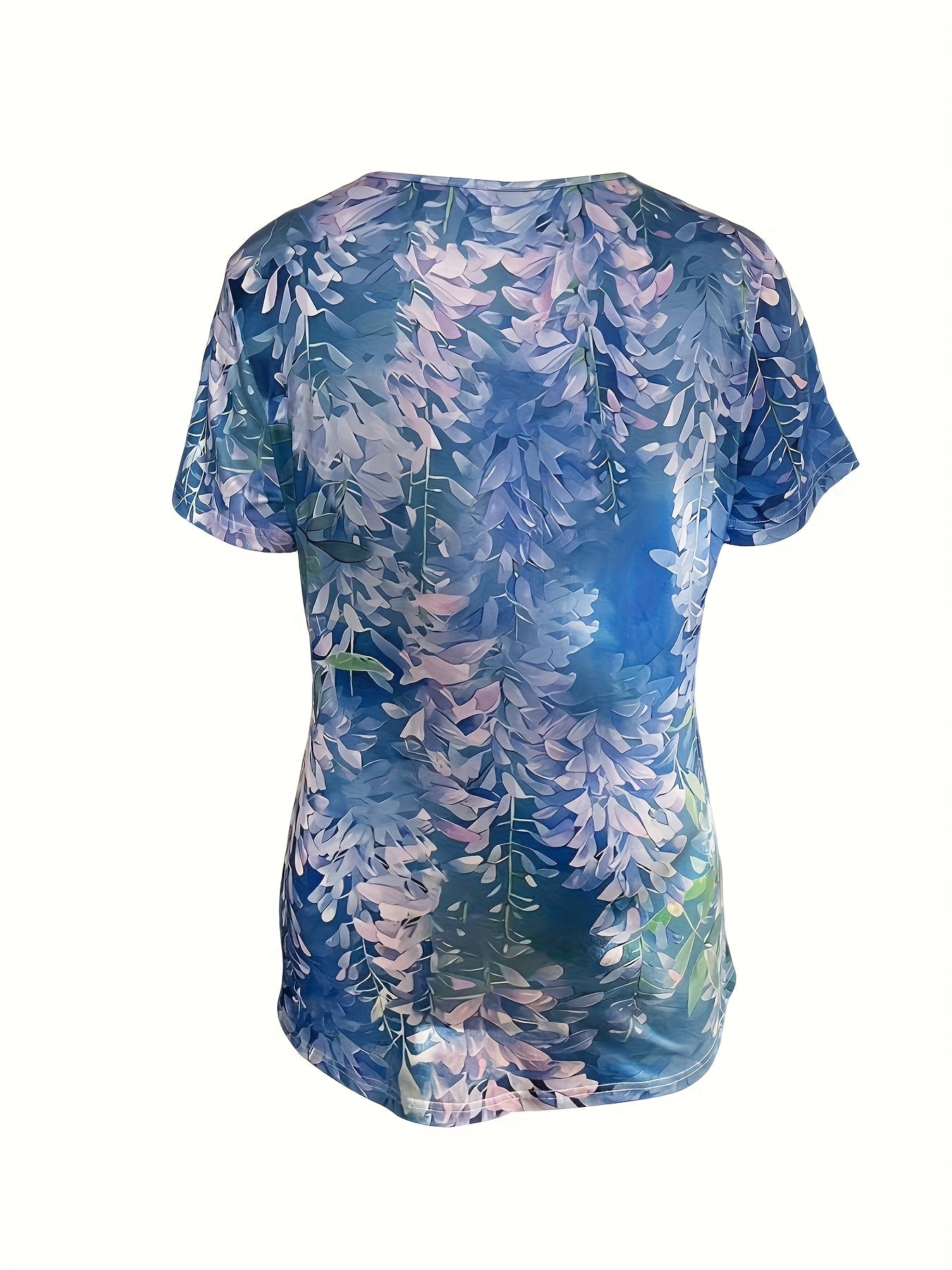 Women's Elegant Floral Print Summer V-Neck Short Sleeve Top - Lightweight Semi-Sheer Casual Shirt with Blue Purple Floral Pattern, Moderate Stretch & Machine Washable for Beach Outings & Casual Gatherings, Beach Clothes, Warm