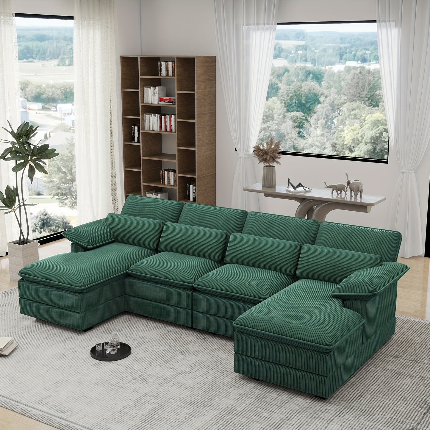[Comfort Cloud Sofa] Comfort 4 Seater U-Shape Combo Sofa, 111.8'' Modern Deep Seat Cloud Sofa with Lumbar Cushion | Corduroy Living Room Sofa for Apartments, Apartment Homes