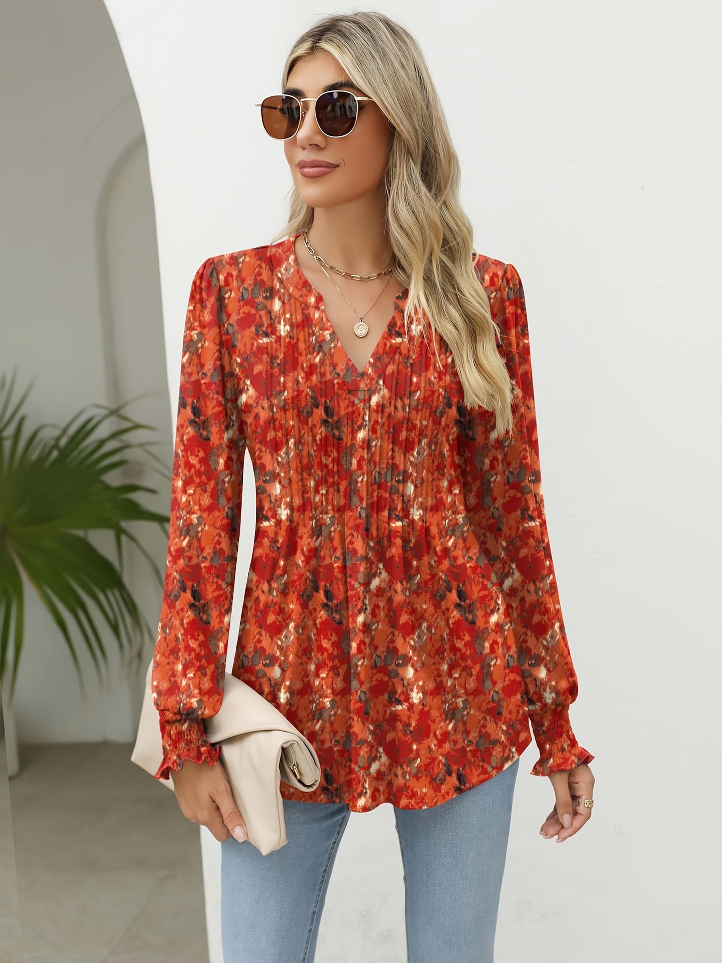 Women's Casual Floral Print Long Sleeve Top Pleated Waist Fashion Versatile Loose Pleated T-Shirt
