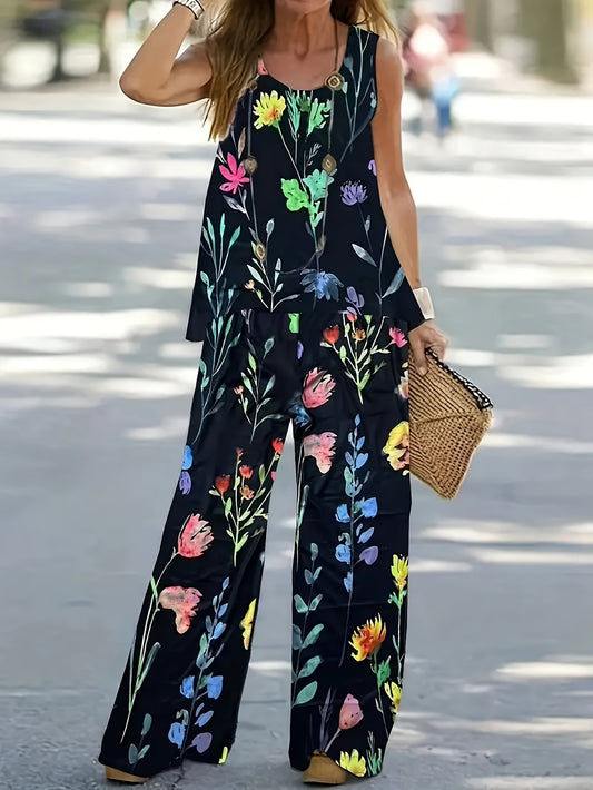 [Floral Print Outfit Set] Vibrant Floral Design | Elegant Floral Print Sleeveless Tank Top & Wide-Leg Pants Set - Black with Colorful Flowers, Loose Fit, Perfect for Spring/Summer, Women's Fashion, Casual Outfit, Polyester Fa
