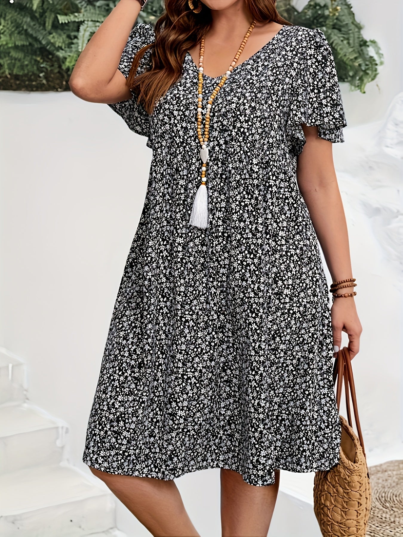 [Boho Chic Dress] Bohemian Floral Ruffle Sleeve Festival Dress | Women's Summer Casual Wear, Boho Chic Style, Feminine Dress, Trendy Fashion, Delicate Details, Stylish Construction, Loose Fit, Adult Clothing, Fashion Lovers