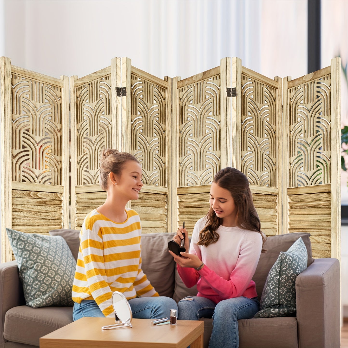 6-Panel Solid Hardwood Folding Room Divider Privacy Screen - 5.6ft Tall Freestanding Louvered Design with Natural Wood Finish, Rustic Farmhouse Style for Home Office Bedroom Restaurant
