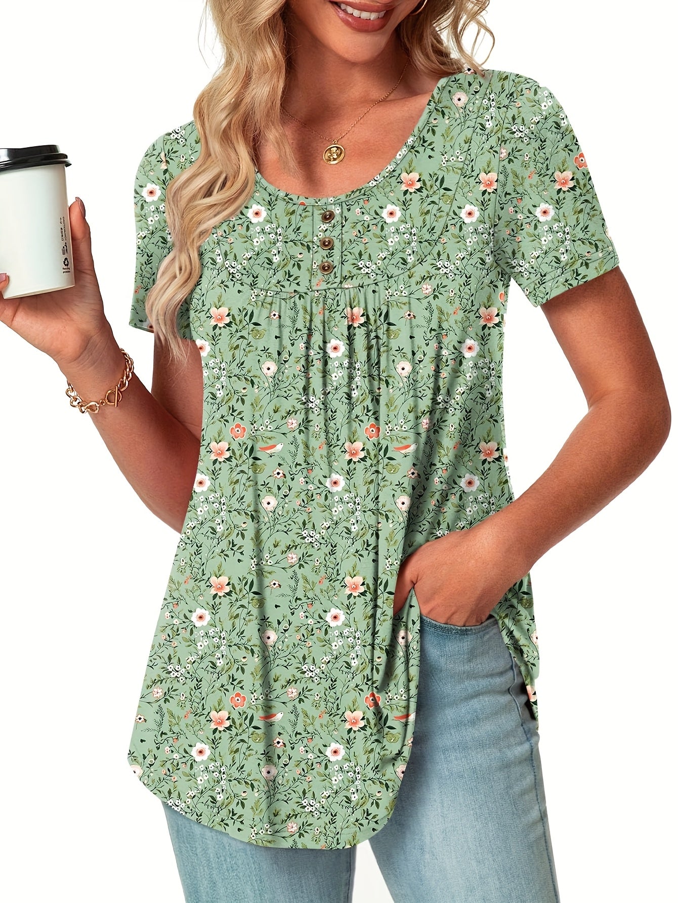 Women'S Casual Floral Print Blouse with Ruffled Hem & Button Details - Short Sleeve Round Neck Top, Light Blue Floral Design, Perfect for Spring/Summer Outfits, Ladies Blouses