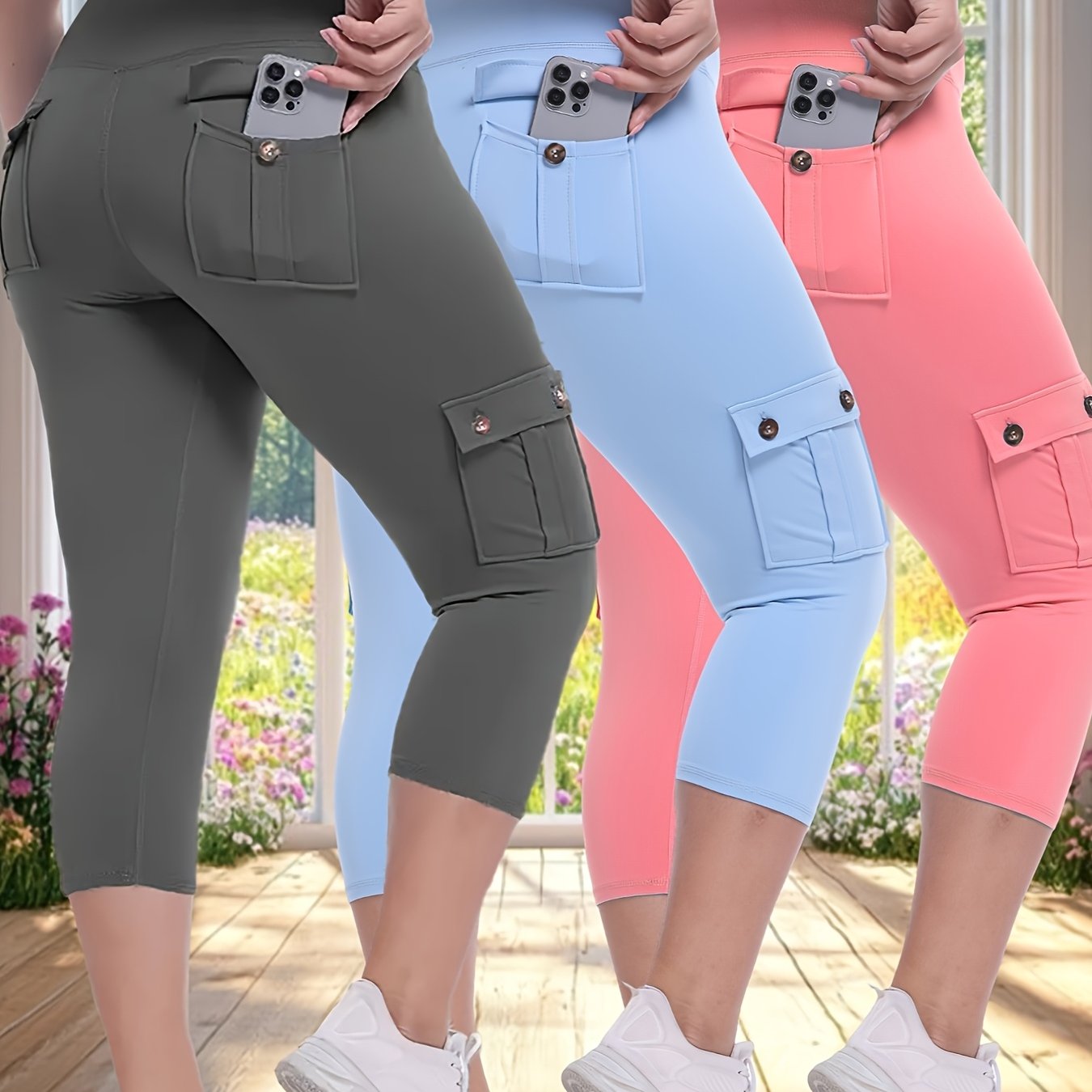 3pcs Women'S High-Waisted Yoga 7/10 Pants with Pockets - Stretch Running And Sports Leggings, Button Design, Solid Color, Comfortable Polyester Blend Fabric.