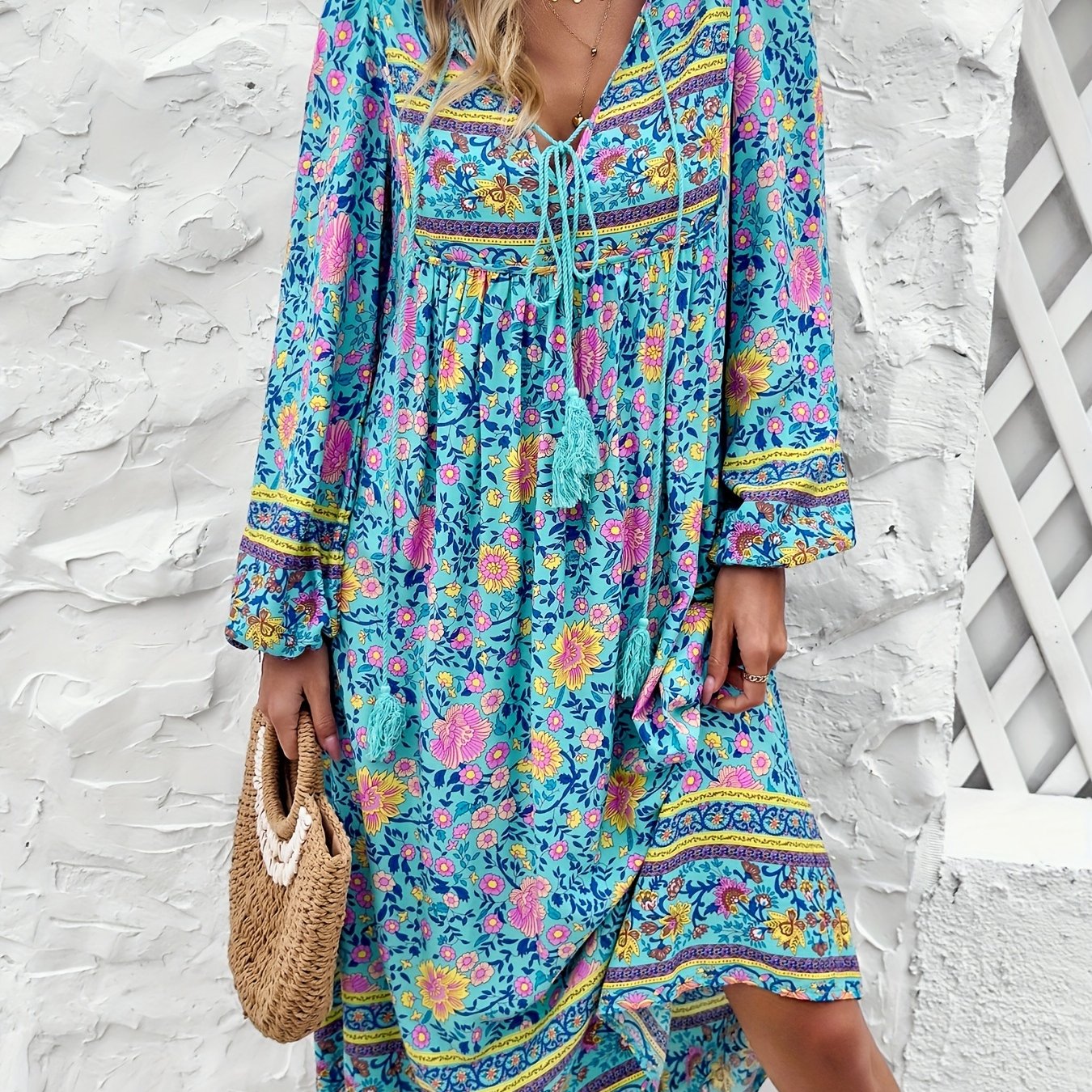 ZAFUL Women's Casual Loose Bohemian Tassel Print Long Sleeve Dress