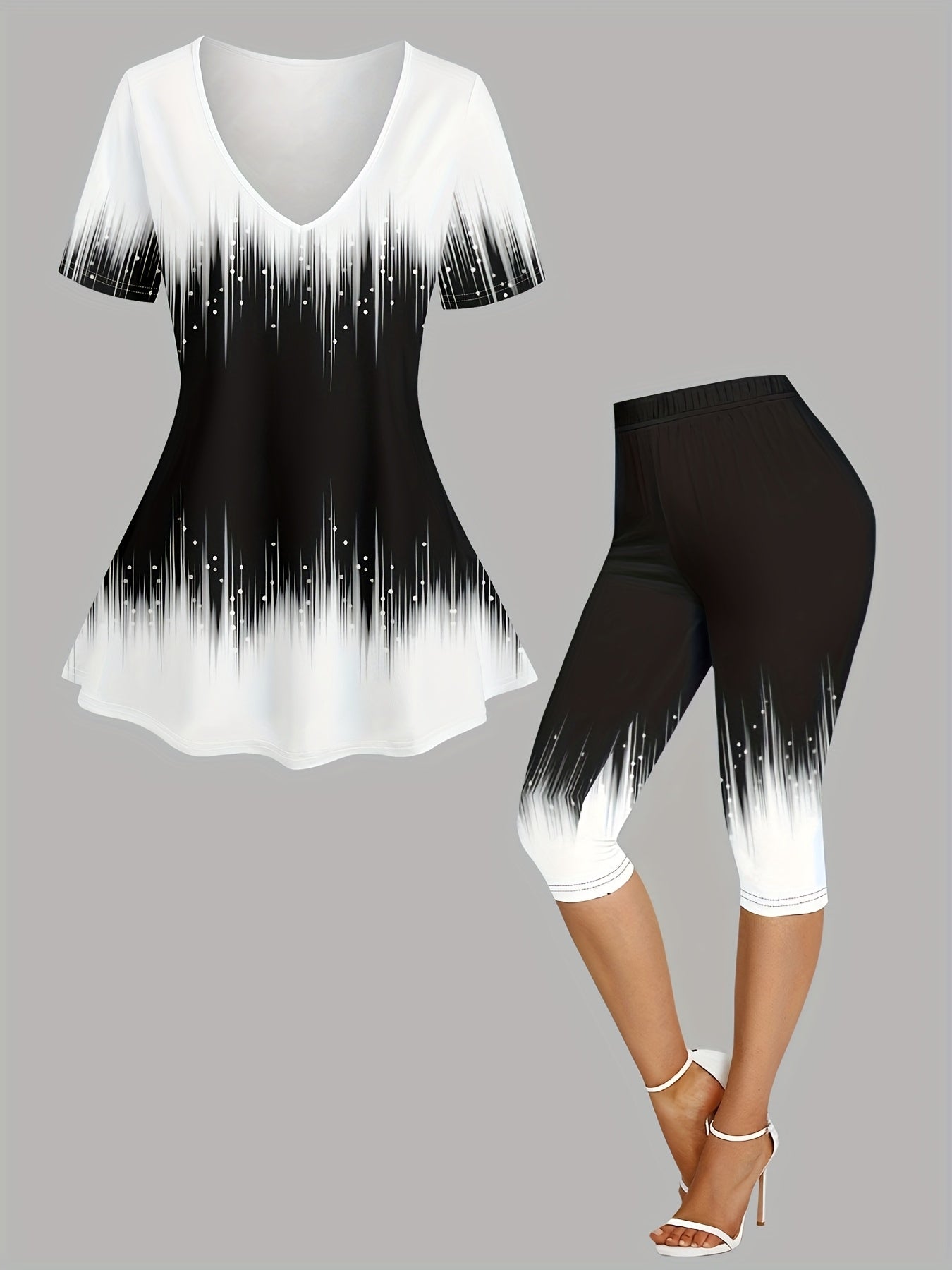 Color Block Print Two-Piece Set of Casual Clothing V-Neck Short Sleeved Long T-Shirt And Cropped Pants