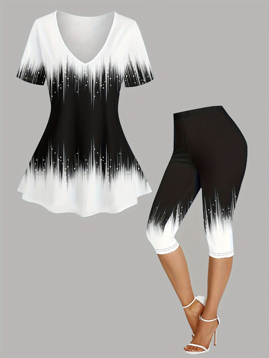 Color Block Print Two-Piece Set of Casual Clothing V-Neck Short Sleeved Long T-Shirt And Cropped Pants