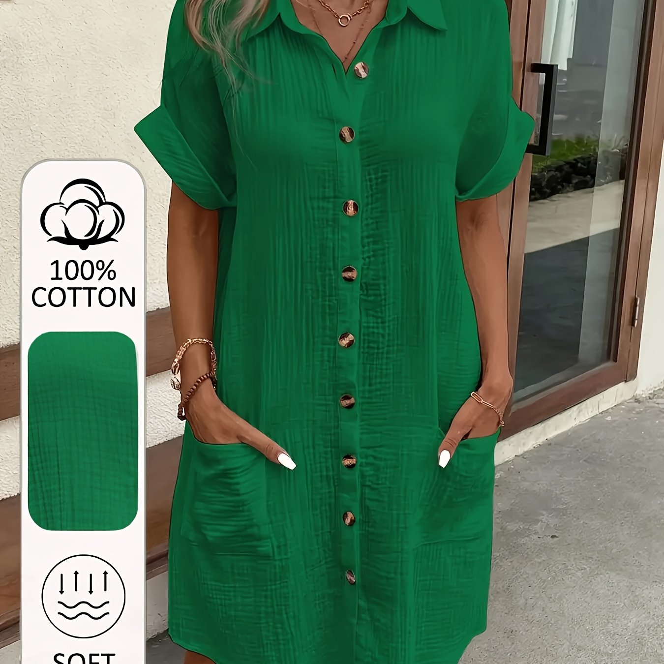 100% V-Neck Blouse Dress for Women - Light Blue Casual Shirt Dress with Button Details, Short Sleeves, and Collar, Machine Washable, All-Season Comfort, Allseason Dress | Vneck Dress | Button Detailing