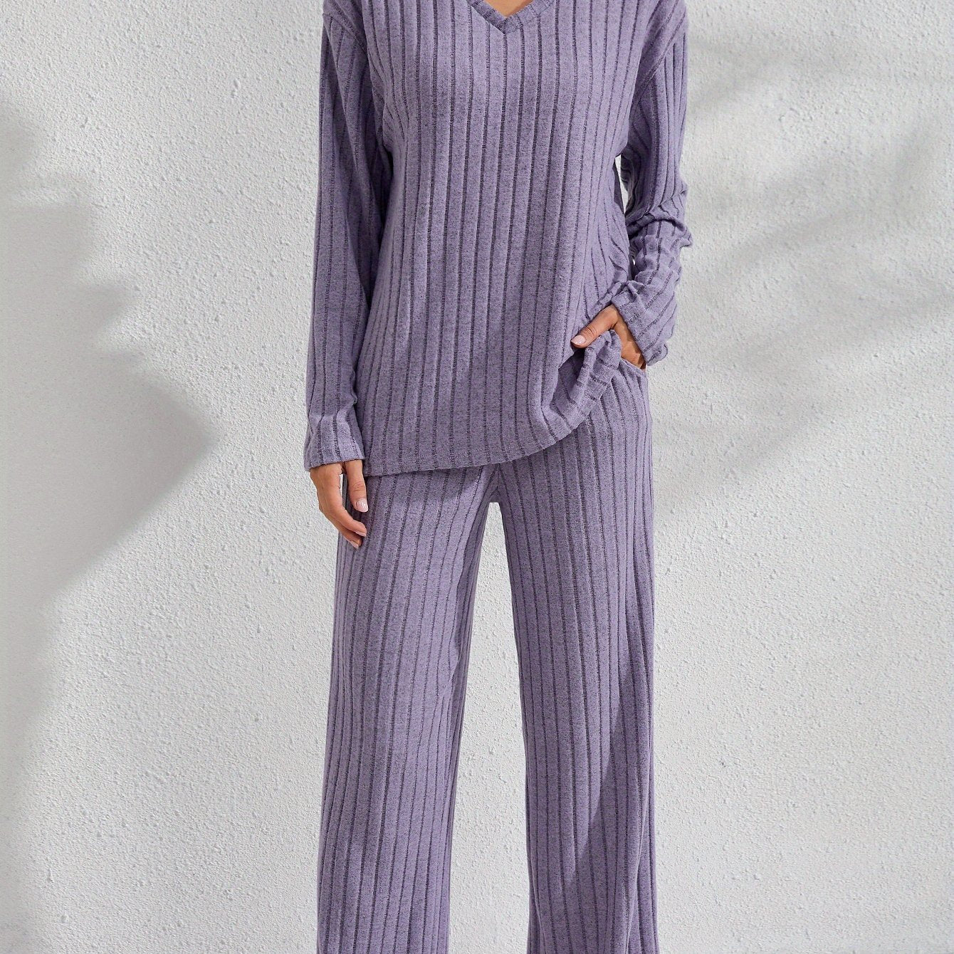 V-Neck Long Sleeve Top & Straight Leg Pants, Olive Green, Comfortable Polyester Blend for Casual Attire, Versatile Clothing|Ribbed Texture Design|Polyester Blend Set, Ribbed Knit Clothing