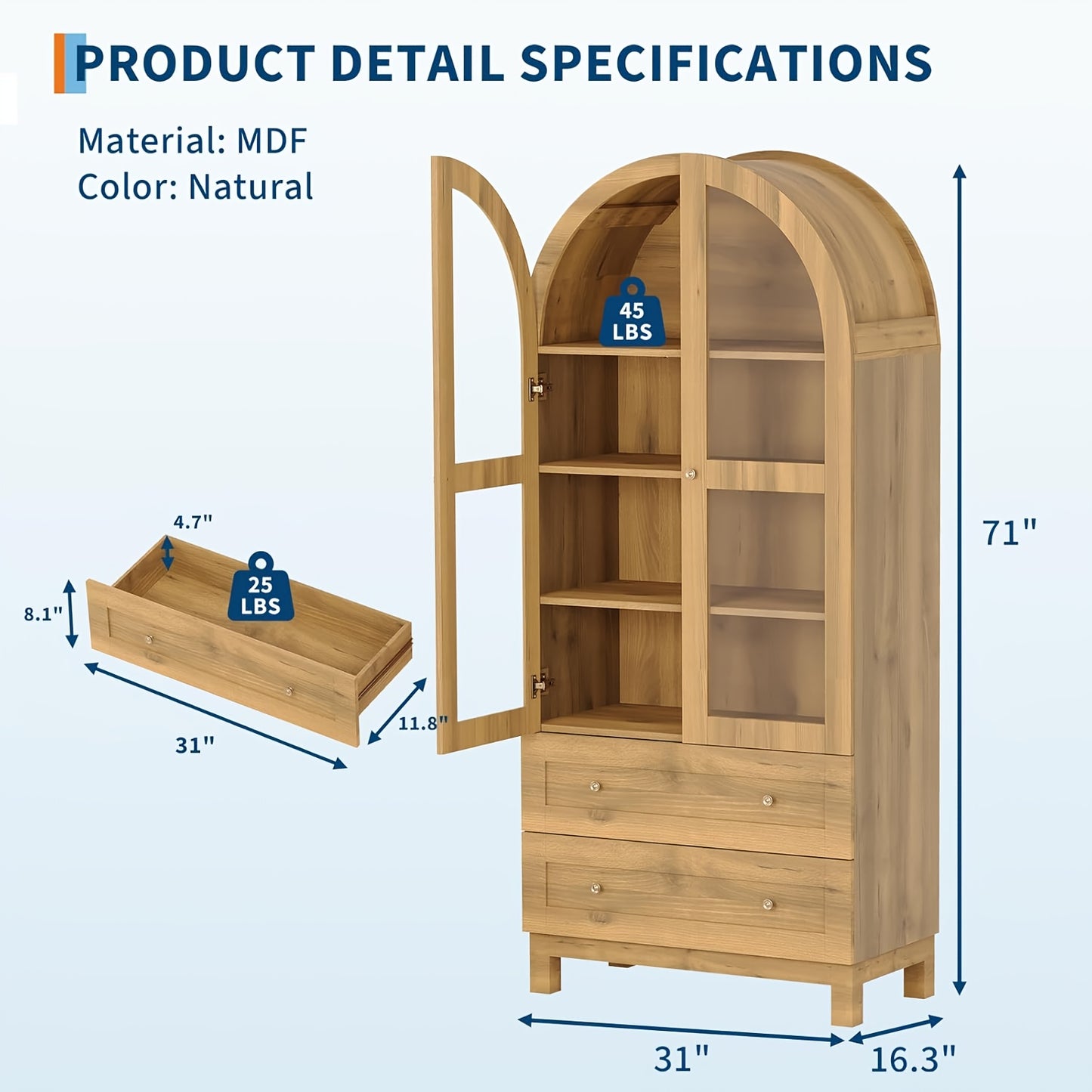 71" Tall Farmhouse Kitchen Cabinet with 2 Large Drawers - Heavy-Duty Hardwood Construction, Arched Design, Adjustable Shelf - Freestanding Storage Organizer for Kitchen, Dining Room, Bathroom - Space-Saving Vertical Storage S