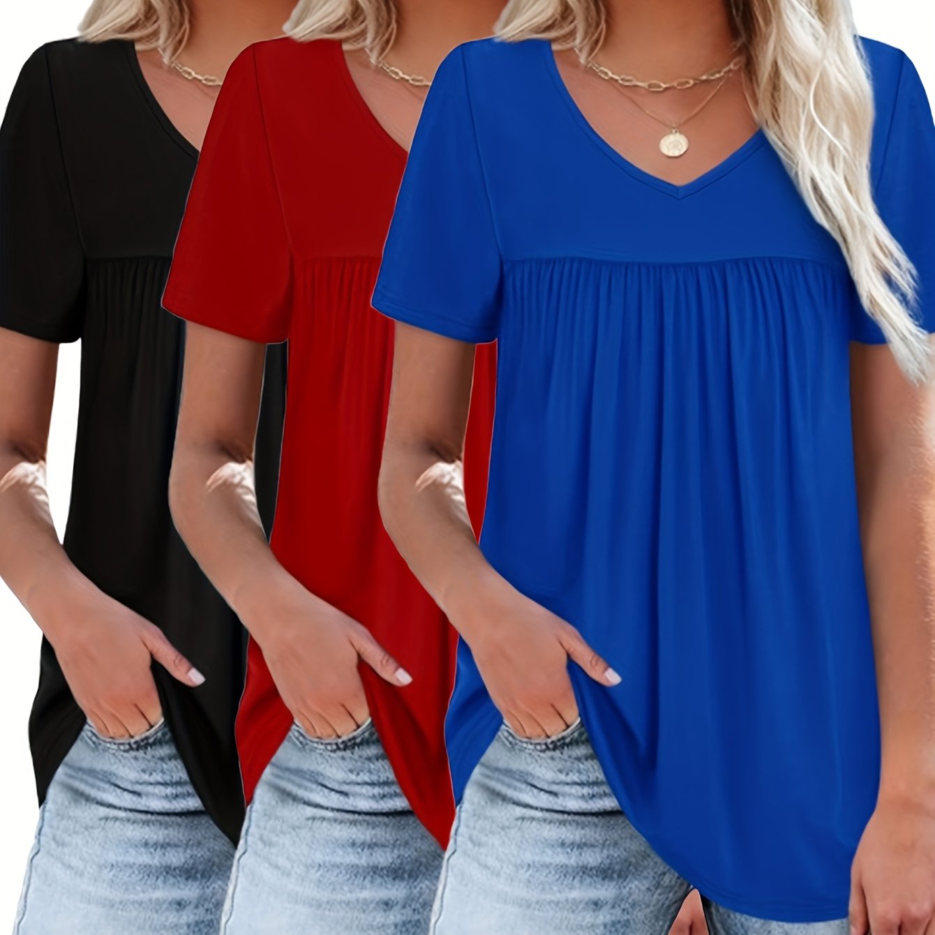 Three-Piece Women's Short Sleeve Pleated Elegant Casual V-Neck Ruffle T-Shirt Set for Spring/Summer