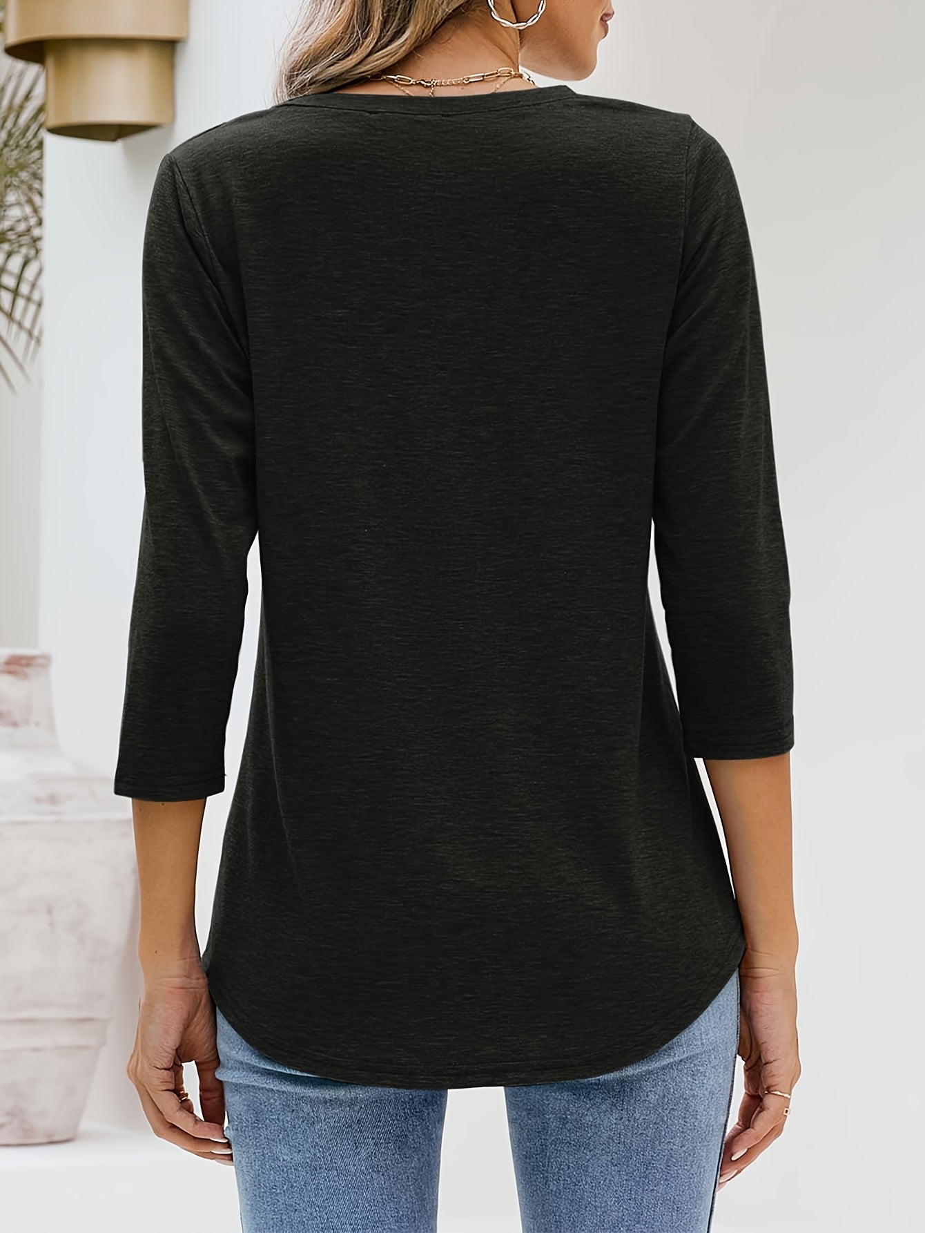 [5pcs Women's Basic T-Shirt] Five-Piece Set Women's Loose Fit V-Neck 3/4 Sleeves Solid Color Basic T-Shirt 2025 European and American Fashion