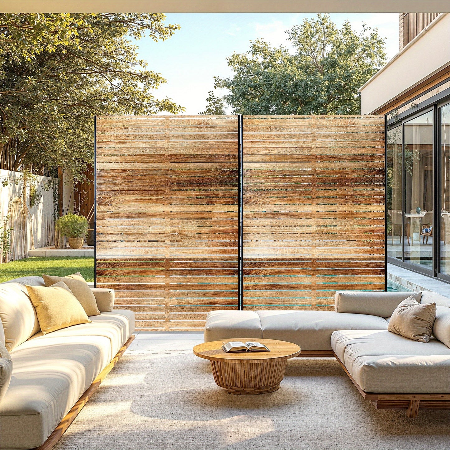 Natural Wood-Look Metal Privacy Screen, 4ft x 6ft - Freestanding Outdoor Fence with Bracket for Patio, Balcony, Backyard & Garden, Decorative Privacy Screen Panel, Metal Outdoor, 4ft W X 6ft H