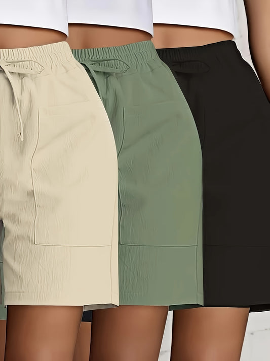 3pcs Women'S Solid Color Elastic Waist Shorts - Casual Sporty Five-Pocket Shorts in Beige, Olive Green, and Black, Summer Essentials, Casual Wear|Casual Style|Functional Pockets